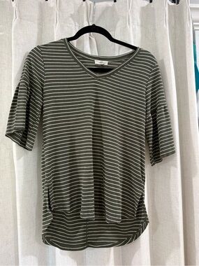 Eyeshadow Olive and White Striped V-Neck Short Sleeve Top